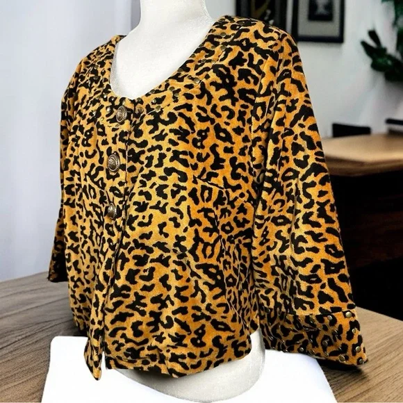 NWT Monroe & Main Leopard Animal Print Cute Button Studded Coat Gold Black Large - Picture 3 of 9